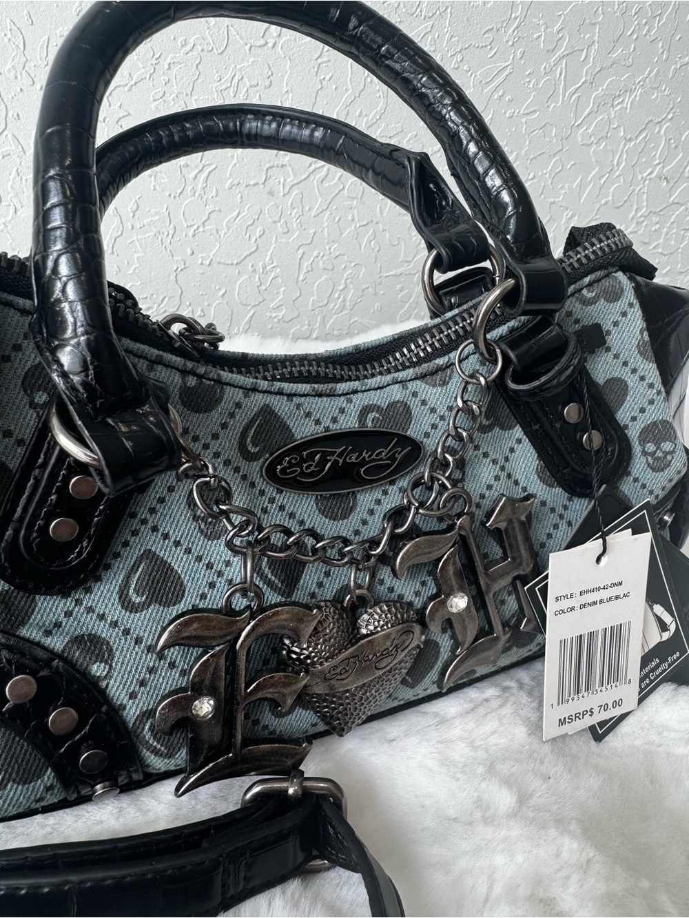 Ed Hardy Light Denim Blue Heart-Print Mini Satchel with Black Trim